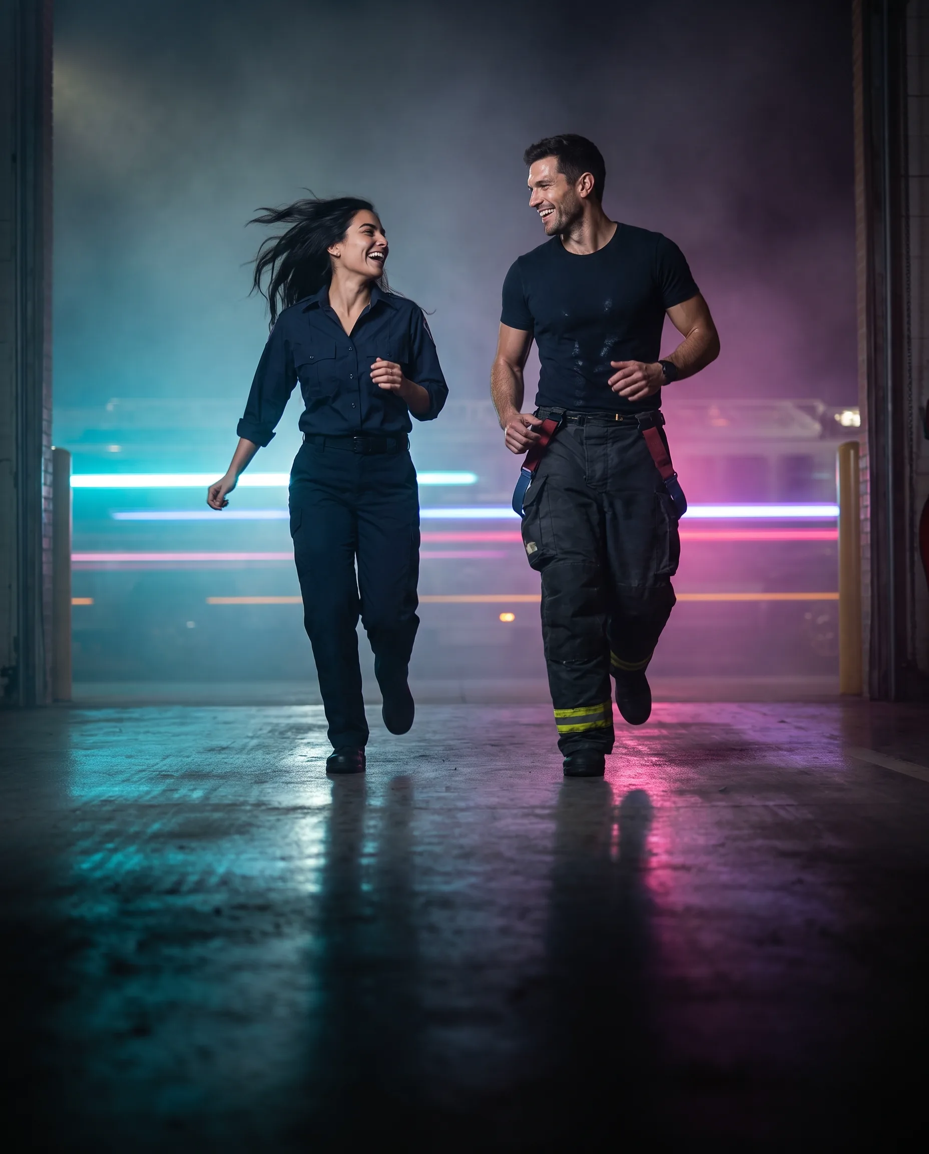 A firefighter and a paramedic running together out of a dark station bay after shift, vertical crop.