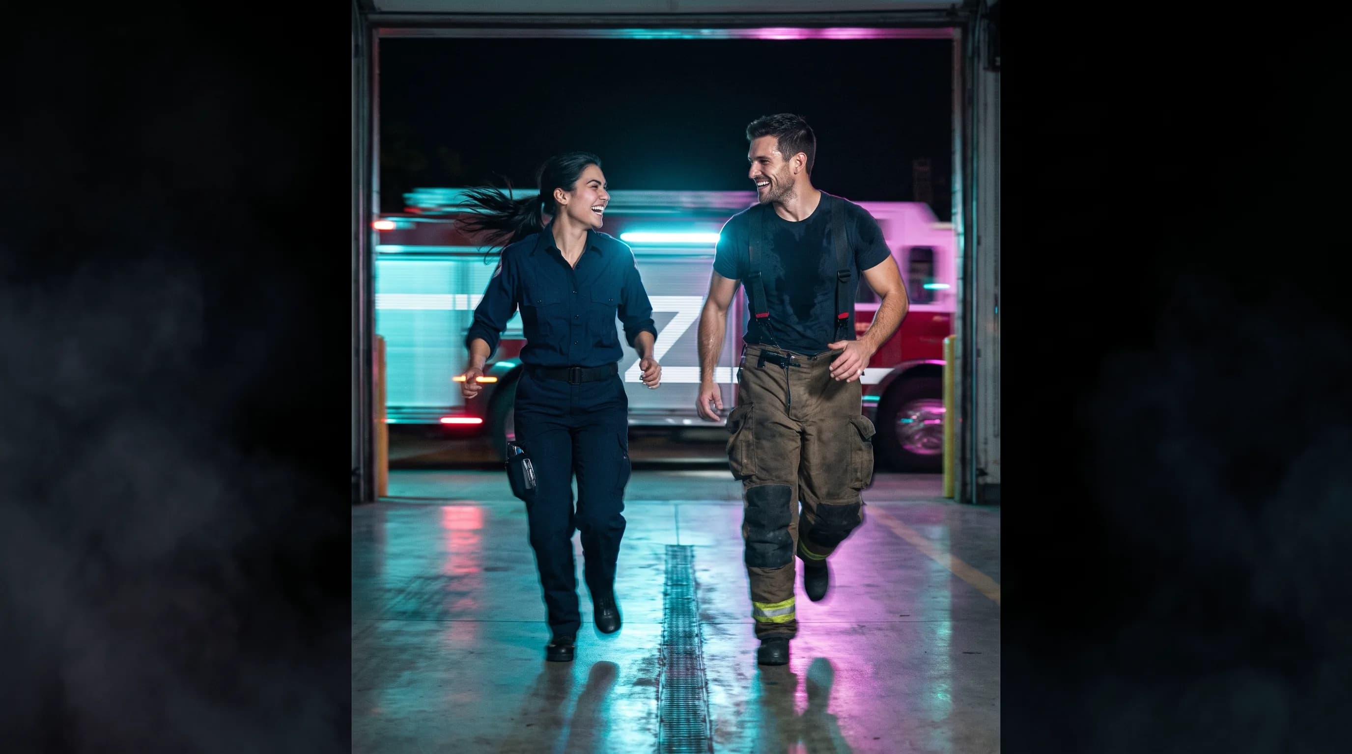 A firefighter and a paramedic running together out of a dark fire-station apparatus bay at the end of a shift, the engine behind them blurred into streaks of cyan and magenta light.