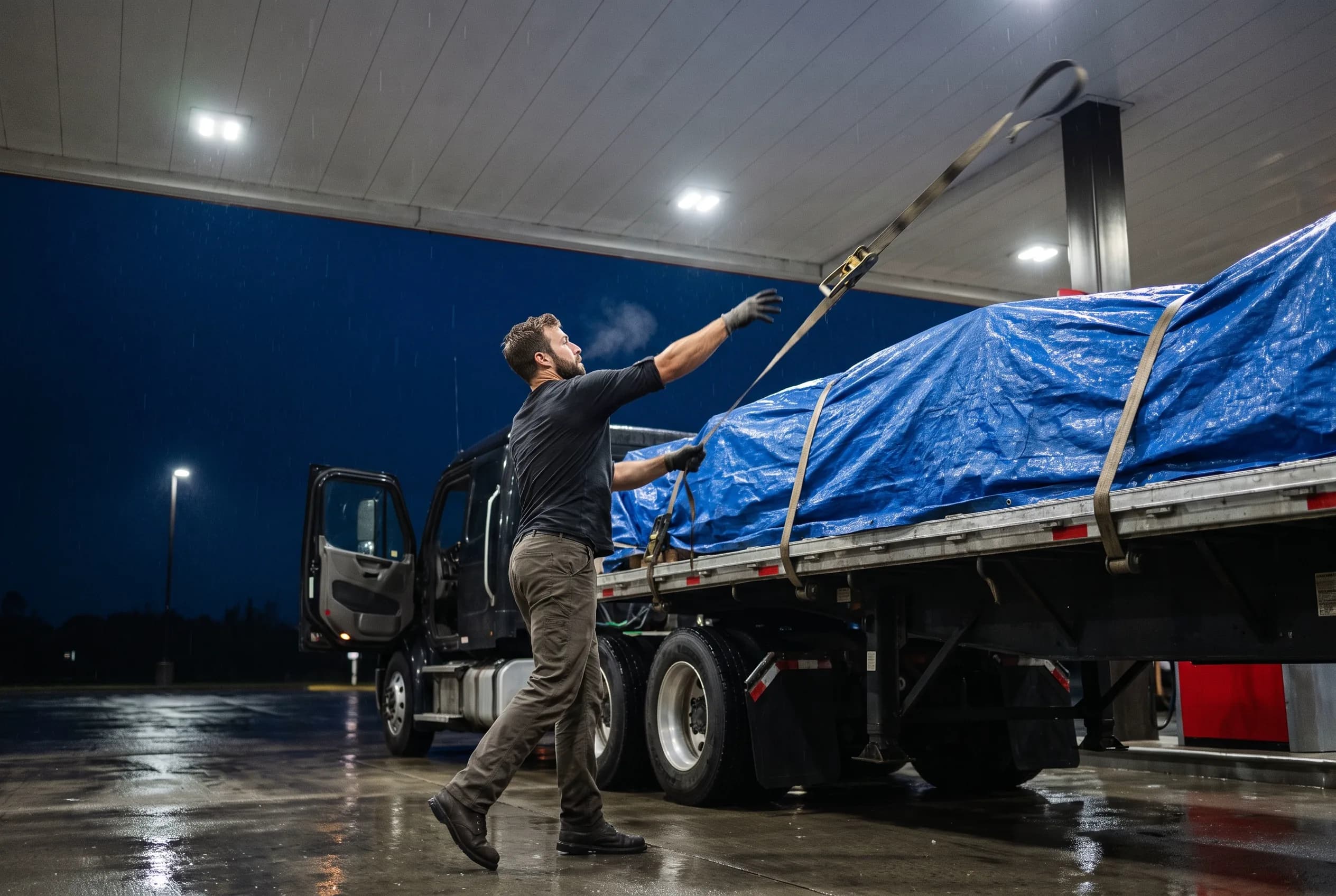 A driver throwing a ratchet strap over a tarped flatbed load beside a parked tractor-trailer at a lit truck stop at night.