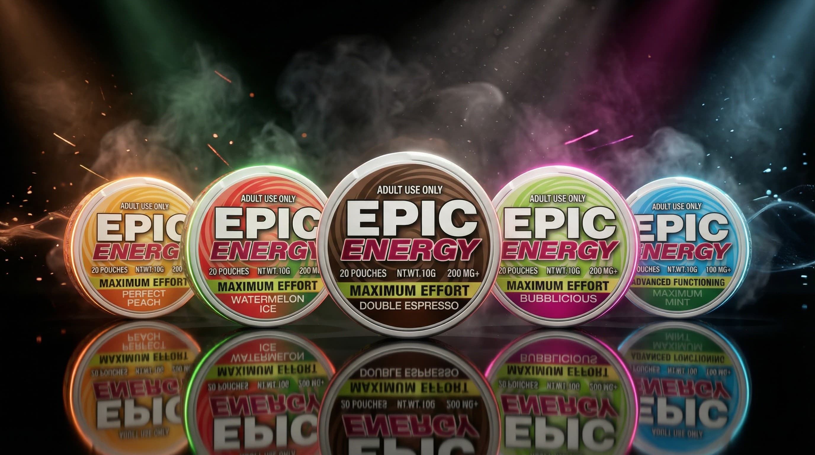 EPIC ENERGY flavor lineup — Perfect Peach, Watermelon Ice, Double Espresso, Bubblicious, Maximum Mint